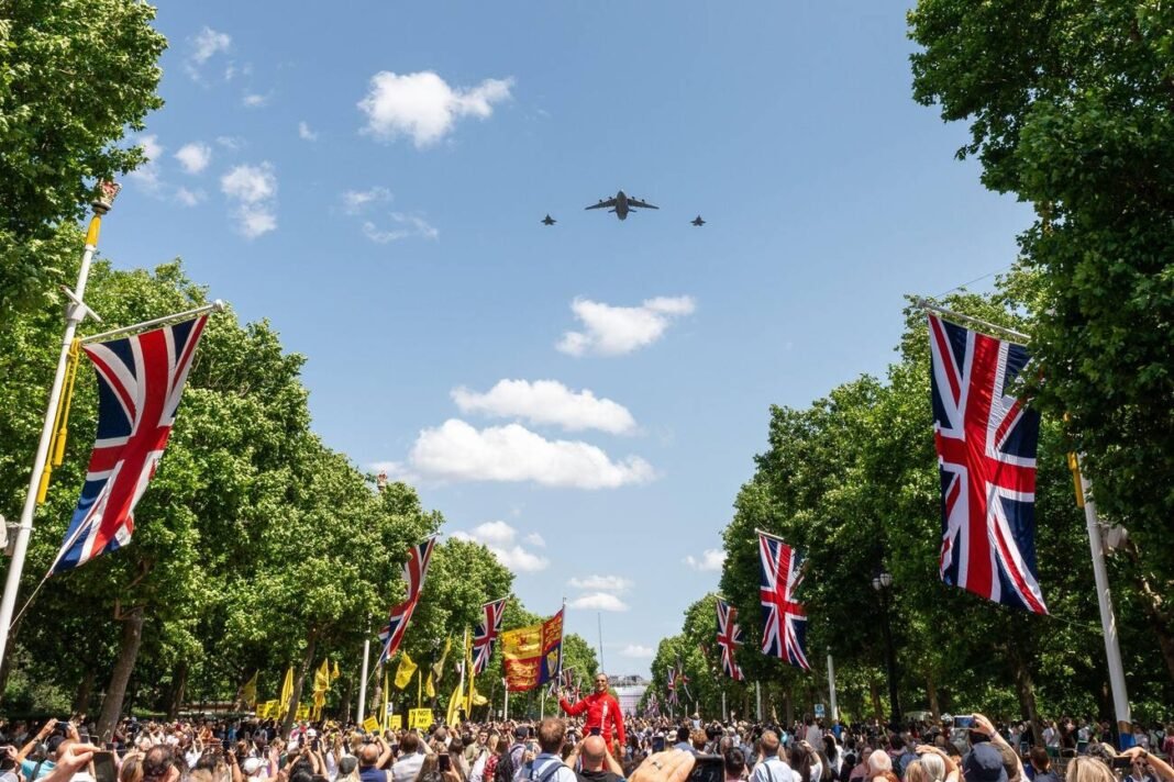 King's Birthday Flypast after Trooping the Colour 2025, in The Mall, London, UK. Boeing C-17 Globemaster with Lockheed Martin F-35 Lightning jets