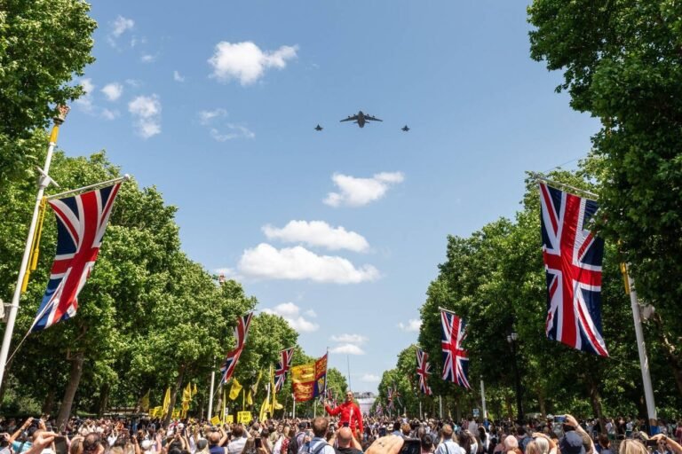 King's Birthday Flypast after Trooping the Colour 2025, in The Mall, London, UK. Boeing C-17 Globemaster with Lockheed Martin F-35 Lightning jets