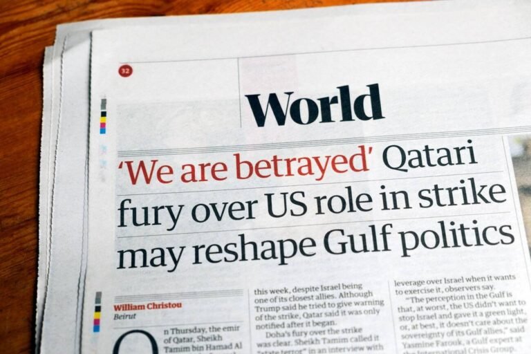 'We are betrayed' Qatari fury over US role in strike may reshape Gulf politics' Guardian newspaper headline Israel Qatar 13 September 2025 London UK