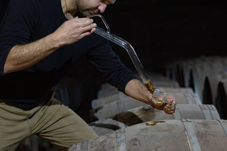 Drawing sample of Scottish Whisky from an oak cask bunghole, using a long glass sampling pipette at Arbikie distillery, Highlands ,Scotland.