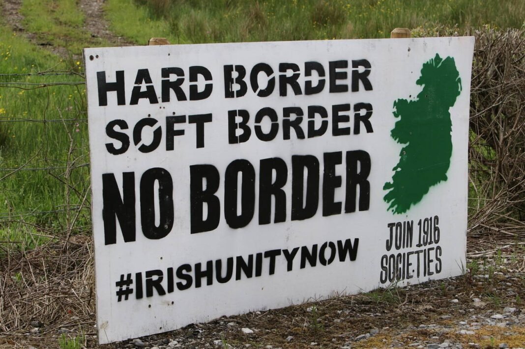 Ireland, UK, 2 June 2018. Irish Unity Hard Soft No Border sign at edge of road near Irish border and important to ongoing Brexit negotiations.